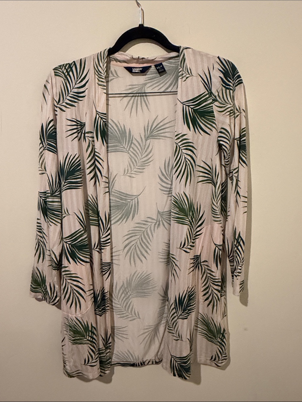 Lands' End Palm Leaf Open-Front Cardigan in Green and Cream Size XSmall